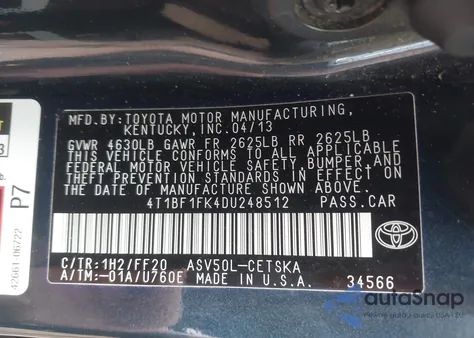 2013 Toyota Camry Se из США, поврежденный, VIN 4T1BF1FK4DU248512